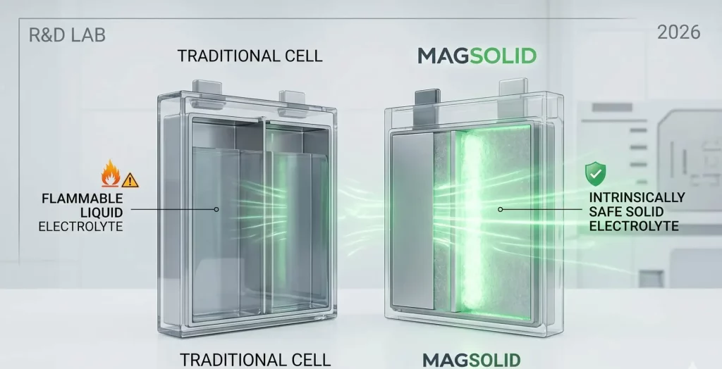 Solid electrolyte vs flammable liquid electrolyte