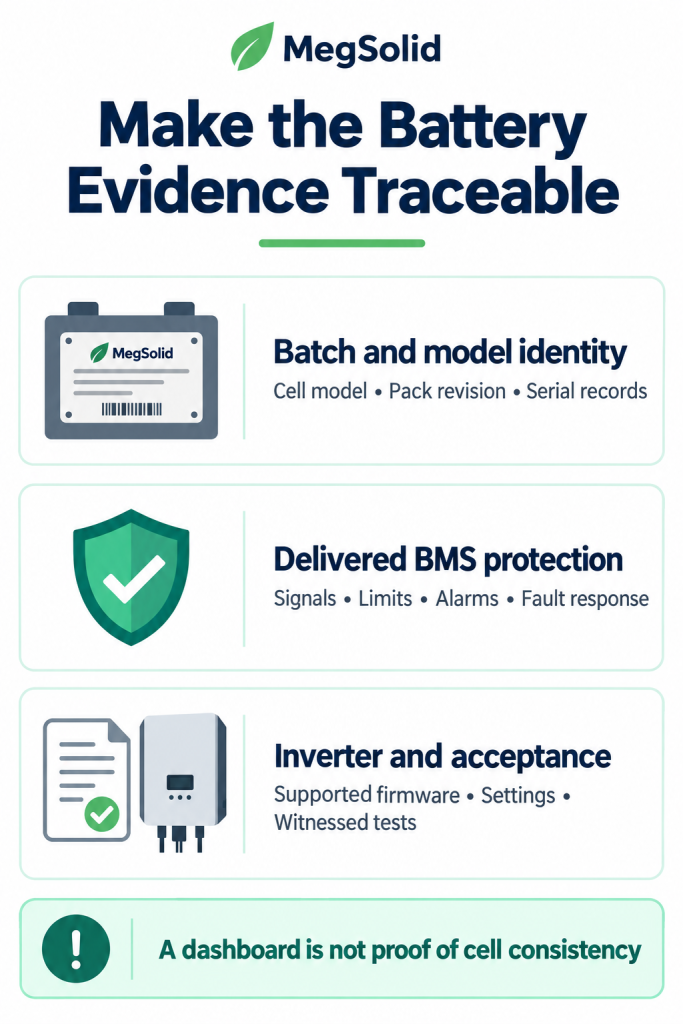 MegSolid 512314FL1 battery evidence review covering model and batch identity, delivered BMS protection, compatible inverter settings and acceptance tests