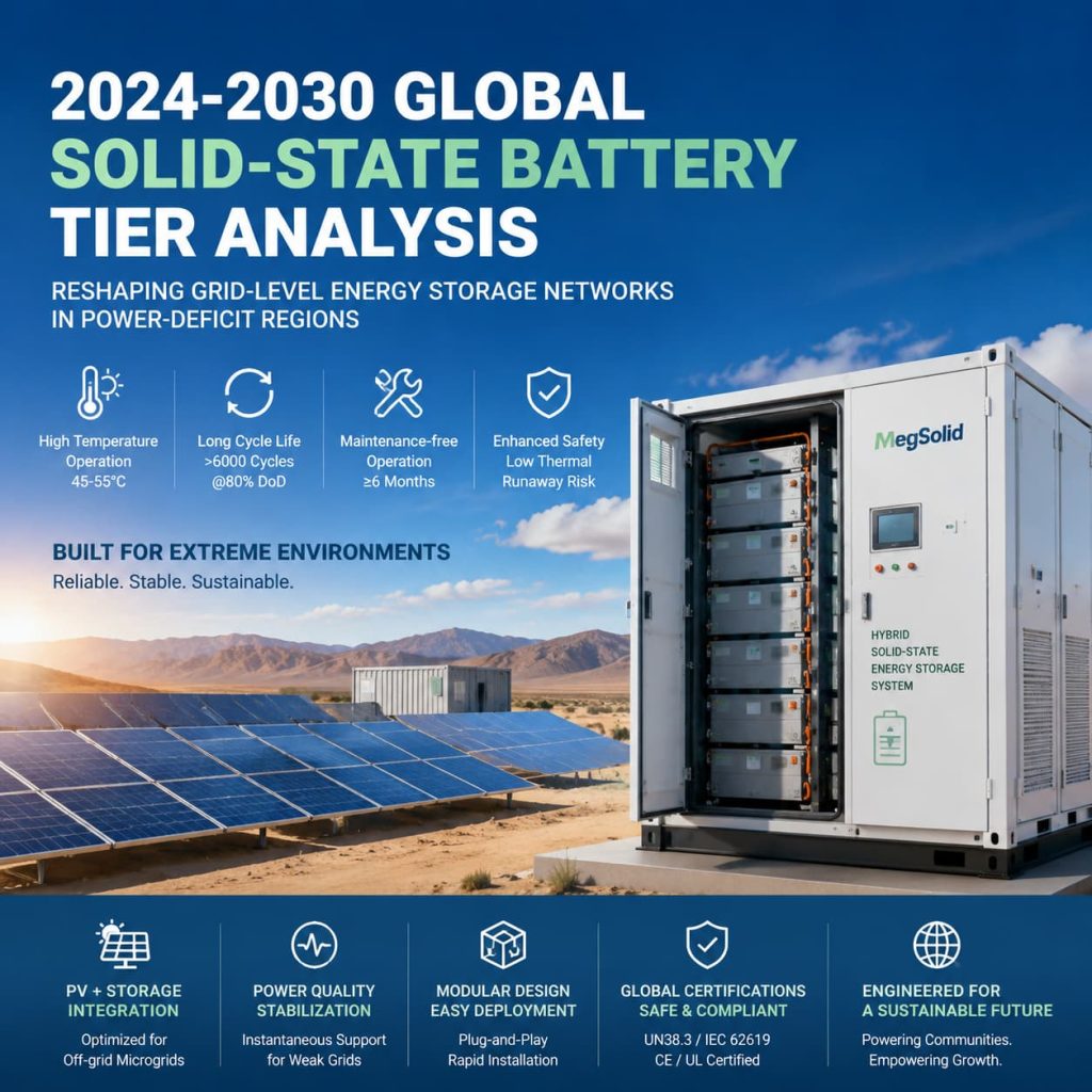 Hybrid solid-state energy storage system by MegSolid deployed in an off-grid desert solar microgrid, showing a containerized battery cabinet integrated with photovoltaic panels under high-temperature industrial conditions, representing 2024–2030 global solid-state battery applications for grid-deficit regions and extreme environments.