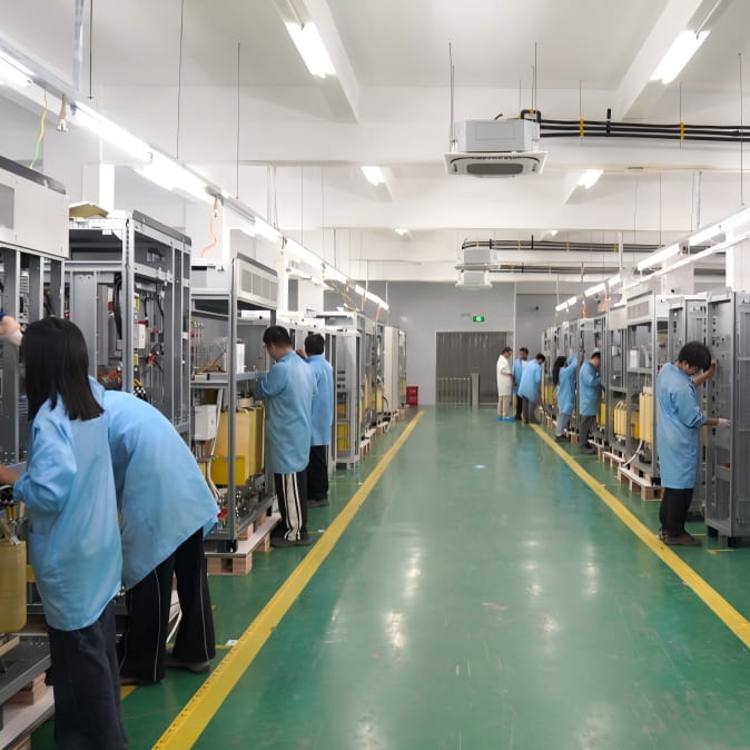 Modern manufacturing line for MegSolid energy storage systems, with technicians assembling equipment cabinets in a standardized cleanroom facility.