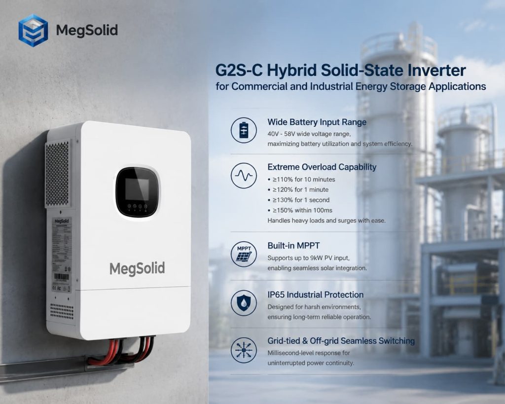 Visual specifications of the KRL Power G2S-C hybrid solid-state inverter, detailing a 40V-58V battery input, up to 9kW PV input, and millisecond-level grid switching.