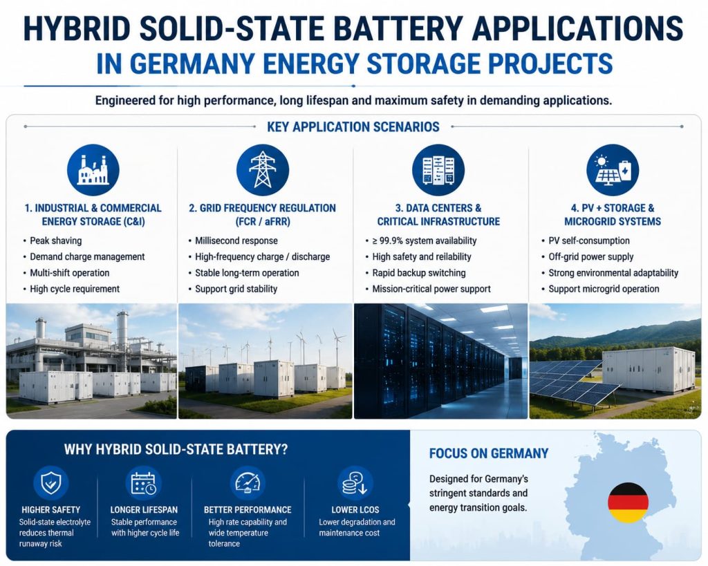 Four key applications of MegSolid hybrid solid-state ESS in Germany, delivering high safety, long lifespan, and lower LCOS for demanding projects.