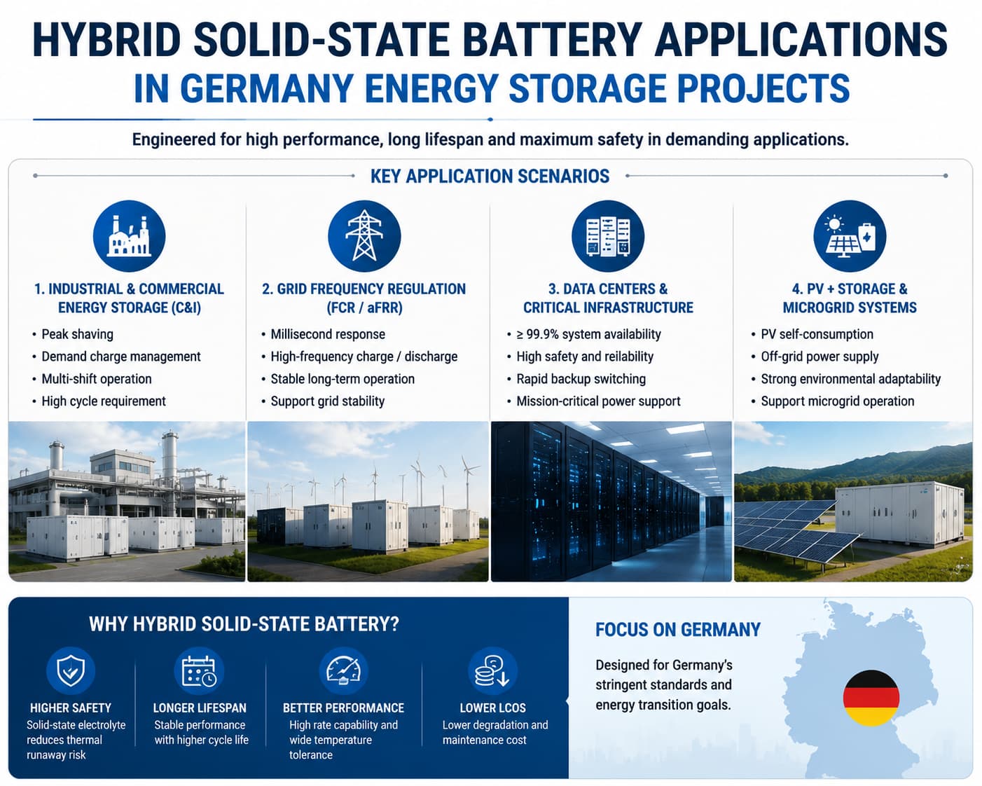Ii-applications ezine eziphambili zeMegSolid hybrid solid-state ESS eJamani, ezibonelela ngokhuseleko oluphezulu, ubomi obude, kunye ne-LCOS ephantsi kwiiprojekthi ezifuna kakhulu.