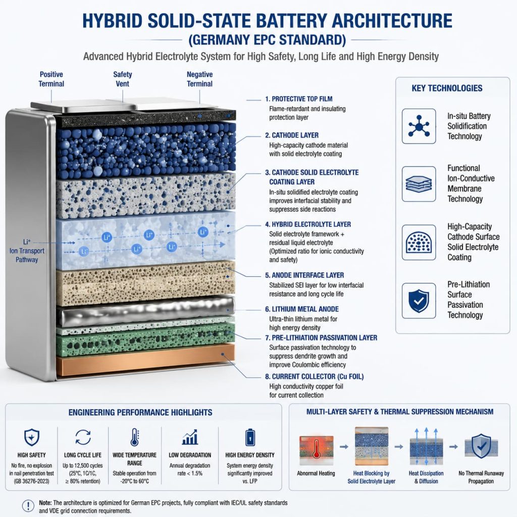 3D cross-section architecture of a hybrid solid-state battery meeting Germany EPC standards, detailing internal cell layers, advanced electrolyte systems, and multi-layer thermal suppression mechanisms.