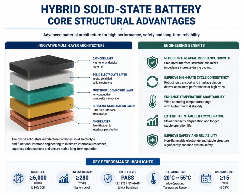 Infographic illustrating the core structural advantages of a hybrid solid-state battery, breaking down its 5-layer architecture, engineering benefits, and key metrics like ≥6,000 cycles, 15-year calendar life, and UL/IEC safety compliance.