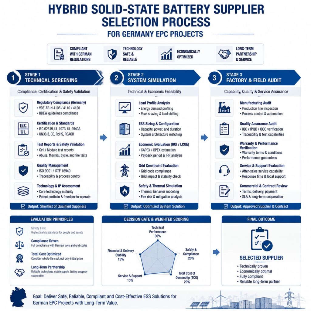 Flowchart of the MegSolid hybrid solid-state battery supplier selection process for Germany EPC projects, detailing technical screening, system simulation, and factory audits.