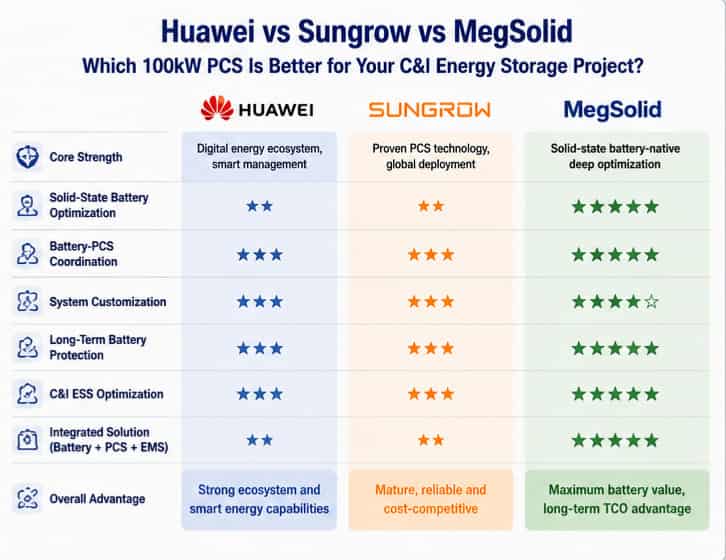 Comparison chart of 100kW PCS for C&I energy storage projects, evaluating Huawei, Sungrow, and KRL Power's MegSolid hybrid solid-state systems.