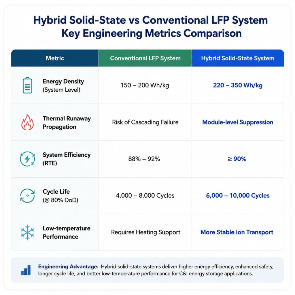 Hybrid Solid-State vs Conventional LFP battery system comparison chart showing key engineering metrics including energy density, thermal runaway protection, system efficiency, cycle life, and low-temperature performance for C&I energy storage applications.