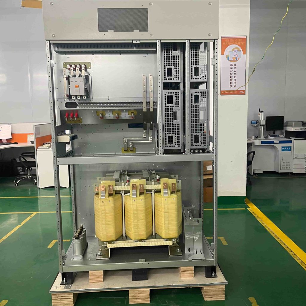 Heavy-duty three-phase transformer and robust copper busbars inside a MegSolid hybrid industrial energy storage PCS cabinet.