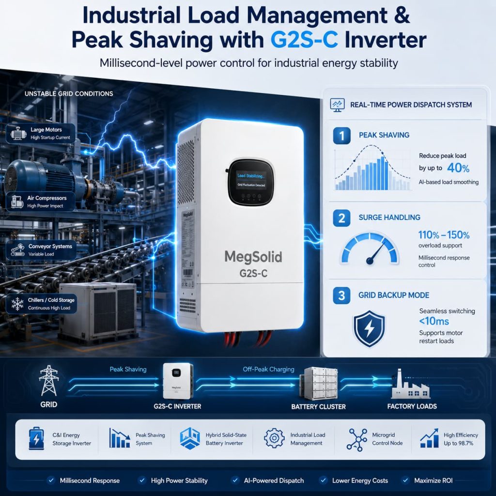 System diagram of the KRL Power G2S-C inverter managing unstable grid conditions, detailing real-time dispatch capabilities including 150% surge handling, peak load reduction, and