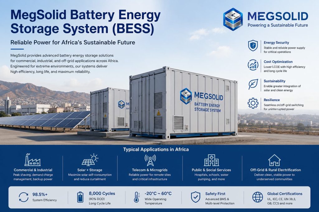Visual representation of KRL Power containerized energy storage units deployed with a solar array, highlighting 98.5% efficiency, 8,000 cycles, and wide operating temperature adaptability.