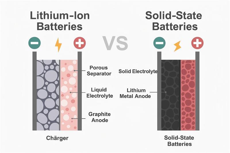 Skematiese diagram wat tradisionele litium-ioonbatterye met vaste-toestandbatterye vergelyk en die vervanging van vloeibare elektroliete en poreuse skeiders met gevorderde vaste elektroliete en litiummetaal-anode beklemtoon vir veiliger energiestoring.