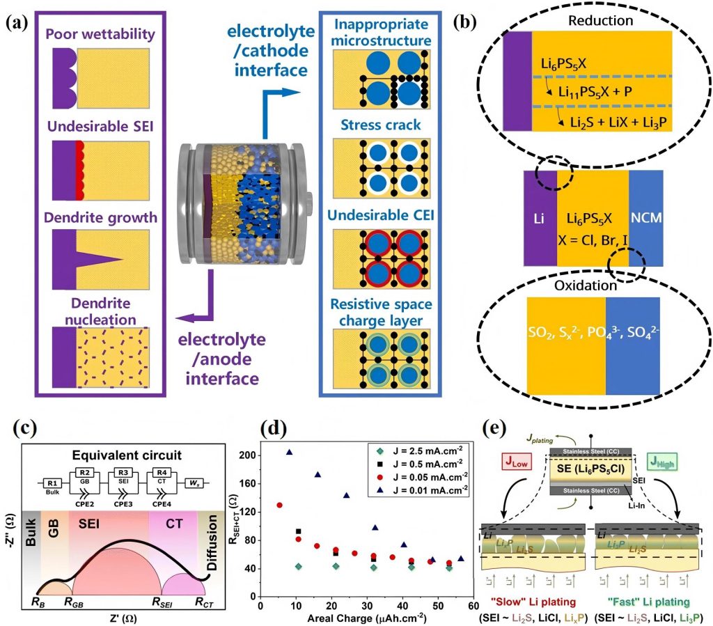 Gevorderde tegniese diagram wat soliede elektroliet-koppelvlakke in vaste-toestandbatterye ontleed, meganismes van litiumdendrietgroei, ongewenste SEI/CEI-vormings illustreer, en ooreenstemmende elektrochemiese impedansiespektroskopie (EIS)-modelle vir die optimalisering van batteryeprestasie.