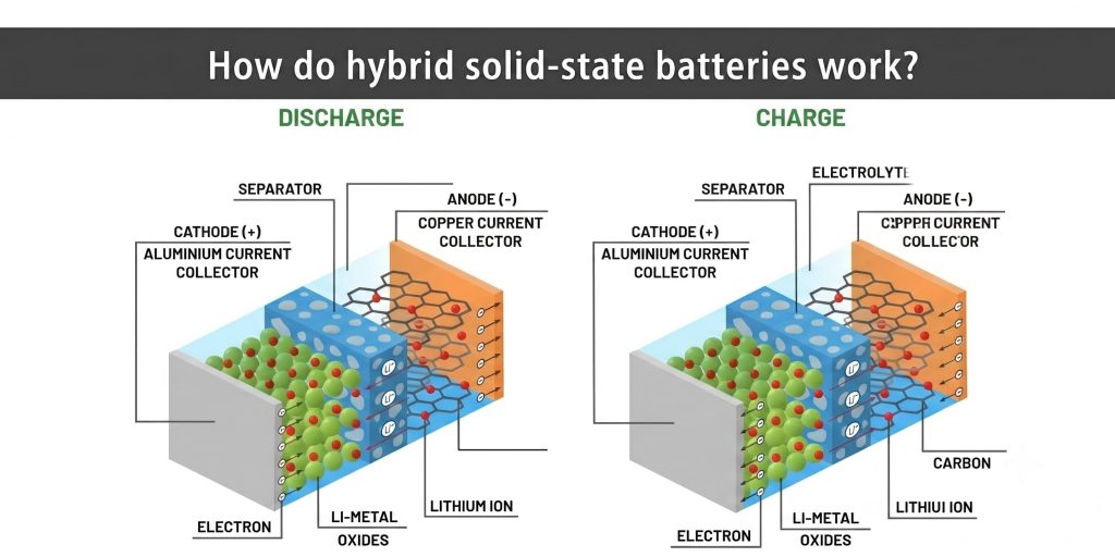 3D technical illustration demonstrating how hybrid solid-state batteries work during charge and discharge cycles, detailing the migration of lithium ions and electron flow between the cathode and anode through the separator and electrolyte.