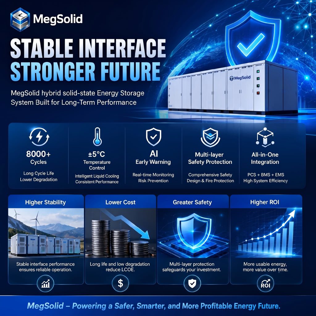 Promotional banner for the MegSolid hybrid solid-state energy storage system, highlighting core features: 8000+ life cycles, ±5°C intelligent liquid cooling, AI early warning, and all-in-one PCS/BMS/EMS integration. The system delivers higher stability, lower LCOE, greater safety, and higher ROI for long-term energy projects.