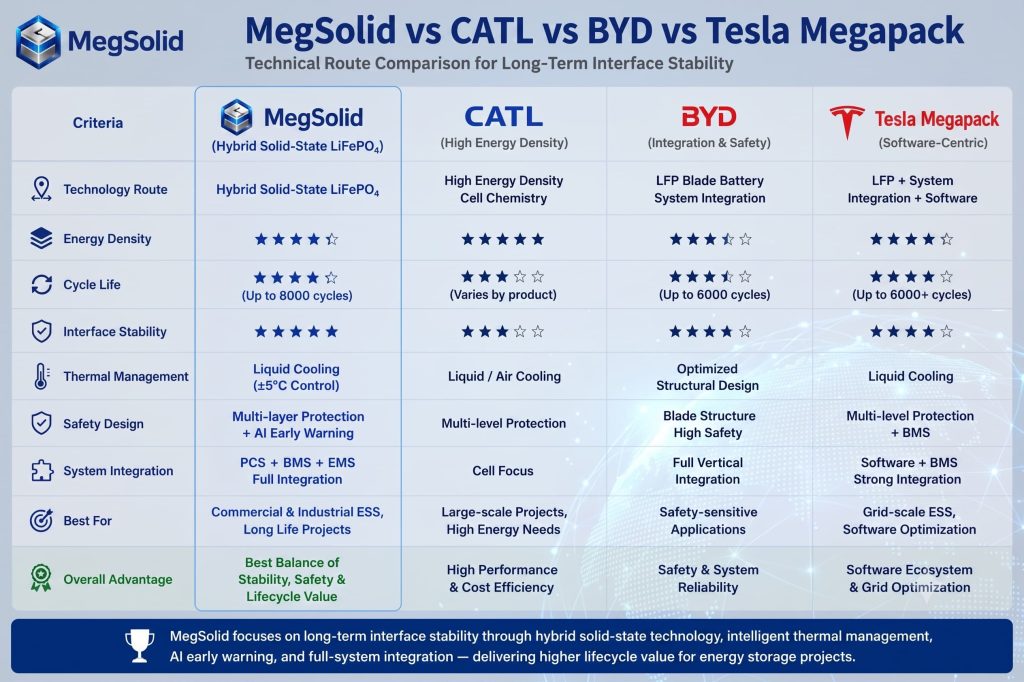 A detailed technical route matrix comparing MegSolid's hybrid solid-state LFP technology with traditional high energy density cells and software-centric systems like Tesla Megapack. The chart details criteria including energy density, thermal management, safety design, and system integration, showing MegSolid's optimal balance for long-life projects.