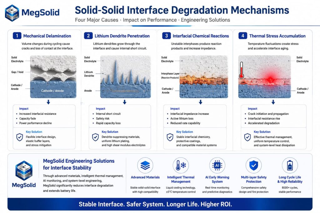 A detailed technical diagram by MegSolid explaining solid-solid interface degradation. It breaks down four causes—mechanical delamination, lithium dendrites, chemical reactions, and thermal stress—along with their impacts on battery performance. The infographic outlines MegSolid's key engineering solutions, such as advanced materials and multi-layer safety protection, designed to deliver 8000+ cycles, a stable interface, longer life, and higher ROI.