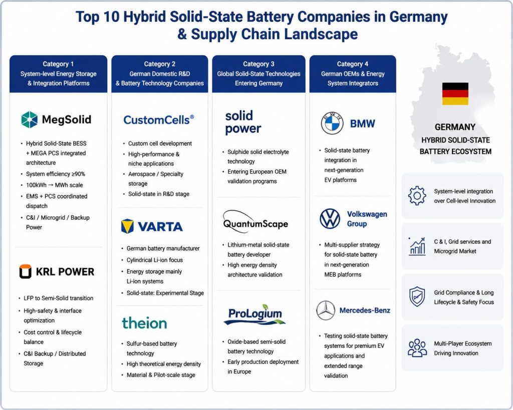 A professional infographic titled “Top 10 Hybrid Solid-State Battery Companies in Germany & Supply Chain Landscape,” showing a structured market overview of Germany’s hybrid solid-state battery ecosystem. The layout is divided into four columns: system-level energy storage integrators, German domestic R&D companies, global solid-state technology providers entering Germany, and German OEMs and energy system integrators. The left section highlights companies such as MegSolid and KRL POWER focused on hybrid solid-state BESS system integration and LFP-to-semi-solid transition pathways. The second column includes CustomCells, VARTA, and Theion representing German battery R&D and experimental solid-state development. The third column presents global technology players including Solid Power, QuantumScape, and ProLogium. The fourth column features major OEMs such as BMW, Volkswagen Group, and Mercedes-Benz involved in solid-state battery adoption in next-generation EV platforms. A comparison table in the lower section contrasts conventional LFP systems with hybrid solid-state systems in energy density, thermal safety, cycle life, system efficiency, and low-temperature performance. The bottom area illustrates a MegSolid hybrid solid-state BESS system architecture integrating EMS, PCS, and modular battery storage for C&I applications, microgrids, and backup power scenarios. On the right side, a map of Germany with a flag icon summarizes the ecosystem focus: system-level integration, EPC-driven deployment, and grid-compliant energy storage design.