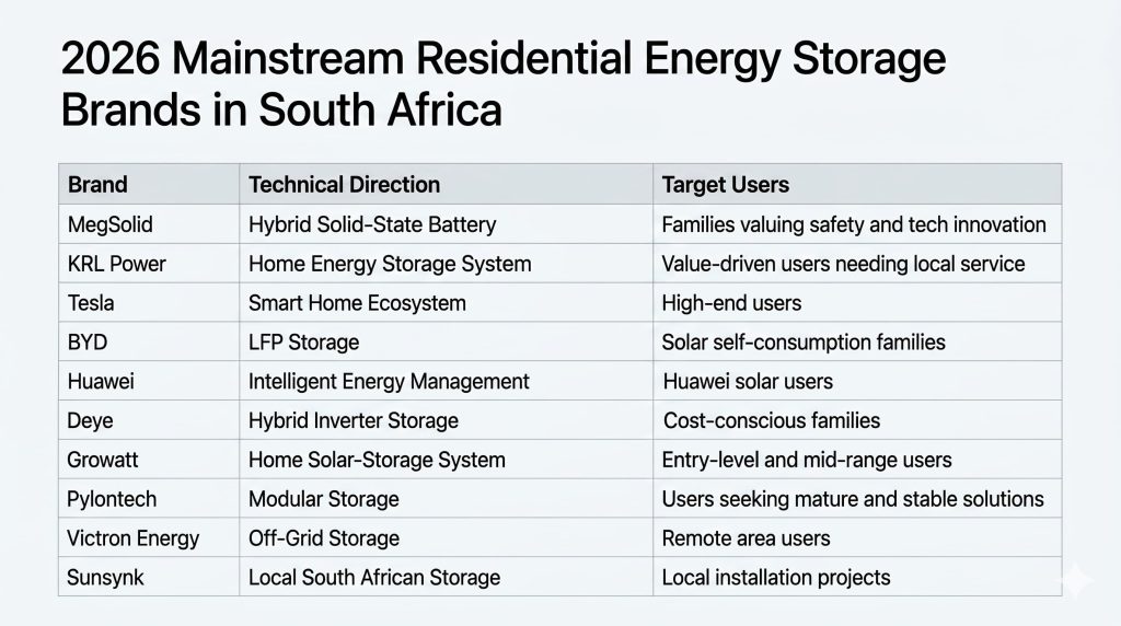 2026 top 10 residential energy storage brands comparison South Africa including Tesla, BYD, and MegSolid