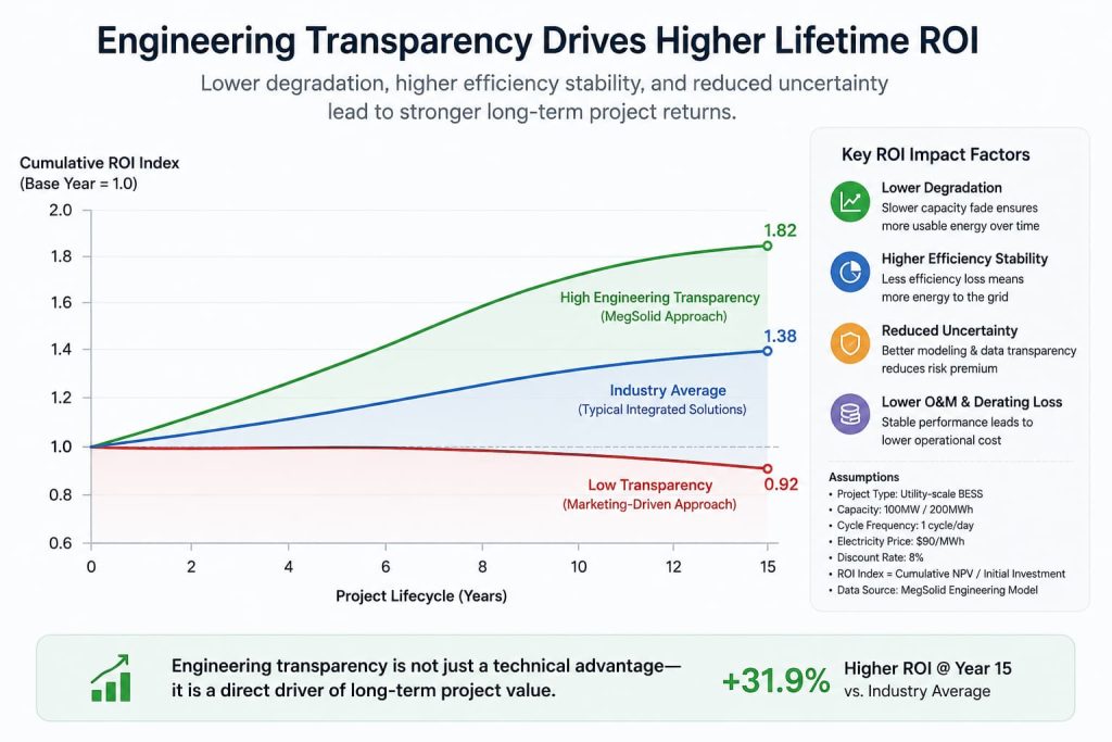 Line chart demonstrating that MegSolid's high engineering transparency approach achieves a 1.82 cumulative ROI index over a 15-year utility-scale BESS project lifecycle. This results in a +31.9% higher ROI compared to the 1.38 industry average, driven by lower degradation and higher efficiency stability.