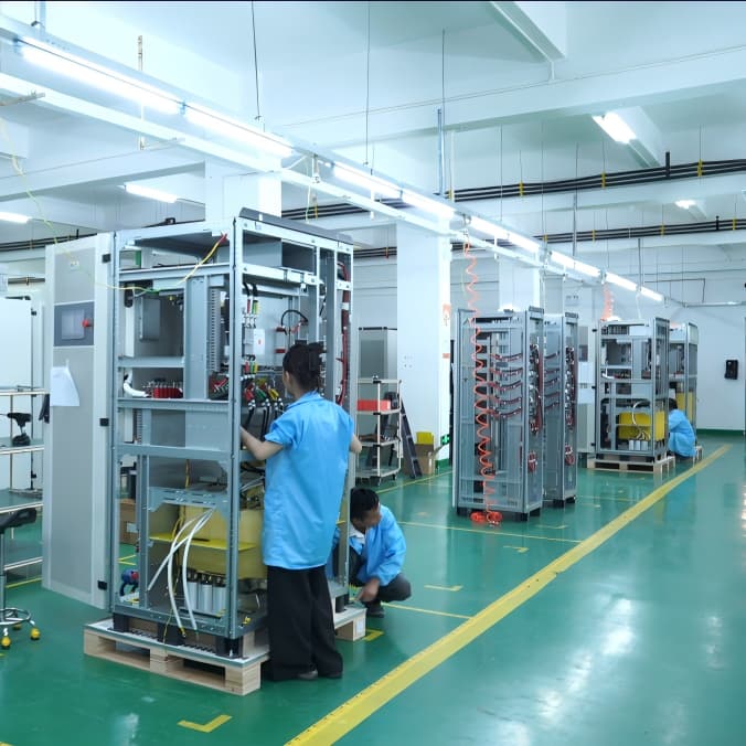 Technicians in blue uniforms assembling large-scale commercial and industrial energy storage system cabinets on the MegSolid modern production line. The clean manufacturing facility highlights strict quality control and professional electrical wiring.