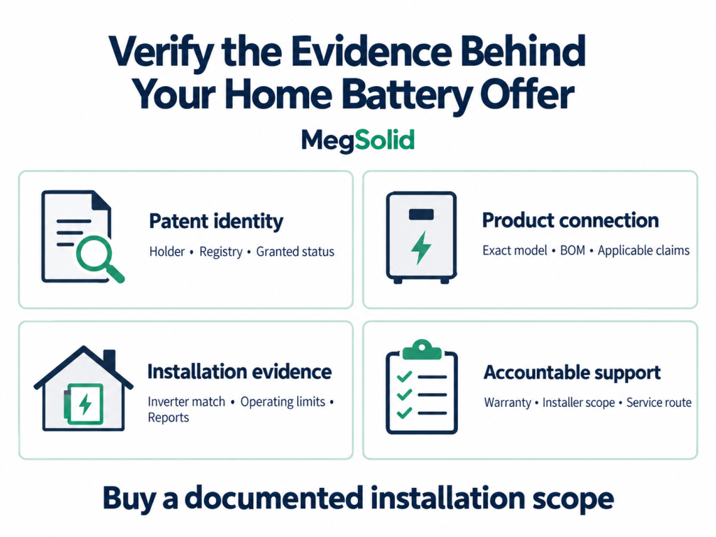 MegSolid home battery offer evidence review covering patent holder and registry, exact product connection, inverter matching, installation scope and accountable support