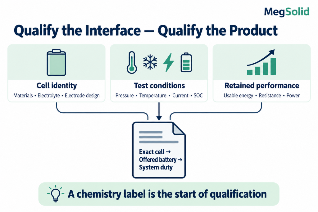 MegSolid solid-solid interface qualification review linking cell identity, test conditions and retained performance to the offered battery and system duty
