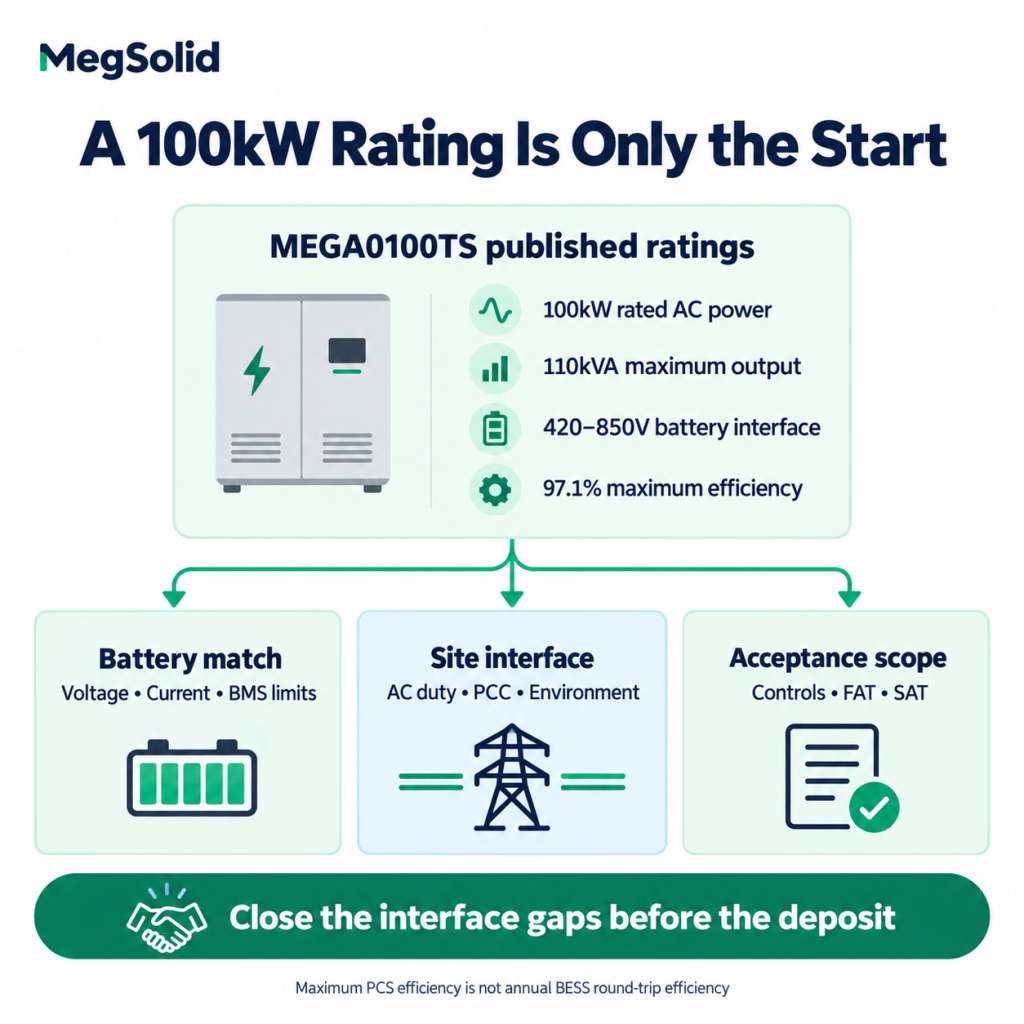 MegSolid MEGA0100TS 100kW PCS selection showing published AC and DC ratings, battery matching, site interfaces and FAT and SAT evidence