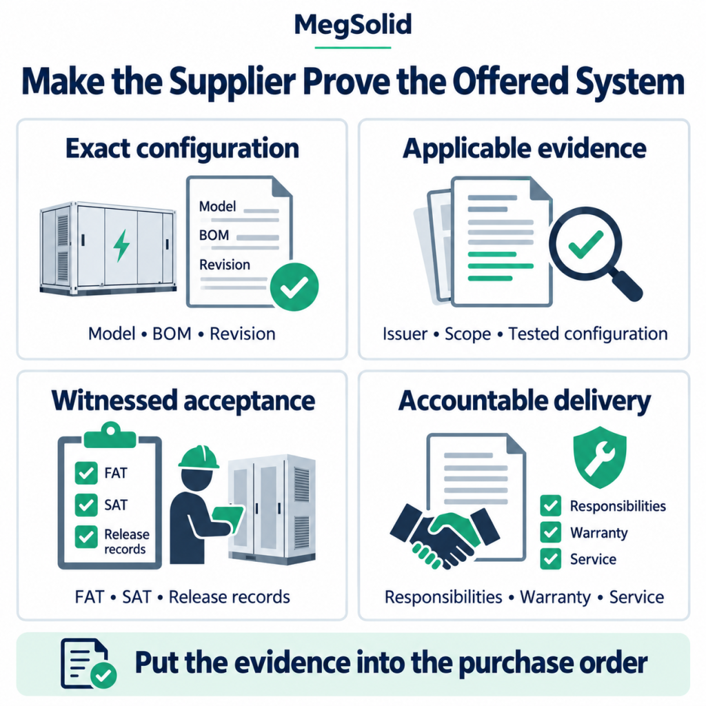 MegSolid energy storage manufacturer review covering exact system configuration, model reports, witnessed FAT and SAT, and delivery and warranty responsibilities