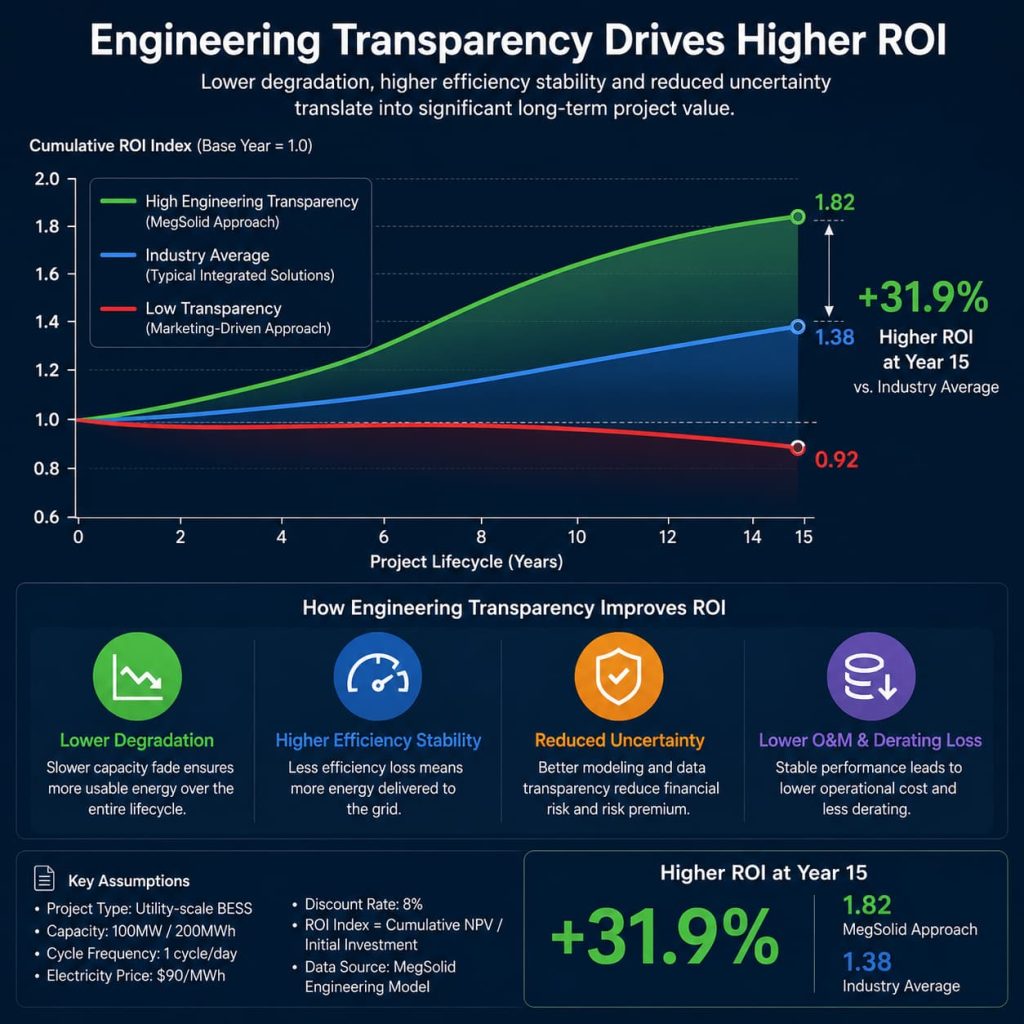 Financial graph demonstrating how MegSolid's high engineering transparency drives a +31.9% higher ROI at year 15 compared to industry averages for utility-scale BESS. The chart highlights lower degradation, higher efficiency stability, reduced uncertainty, and lower O&M costs.