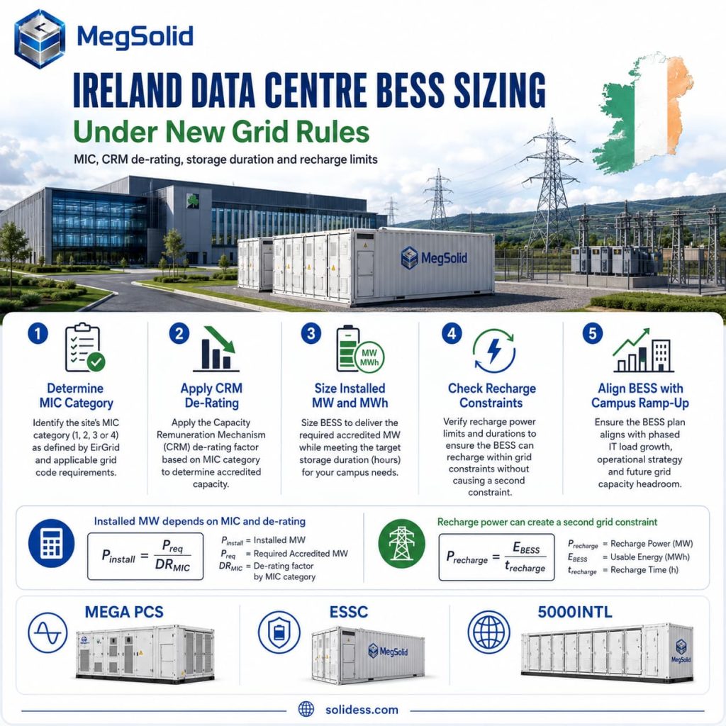 MegSolid Ireland data centre BESS sizing guide detailing MIC categories, CRM de-rating factors, and recharge limits under new grid rules.