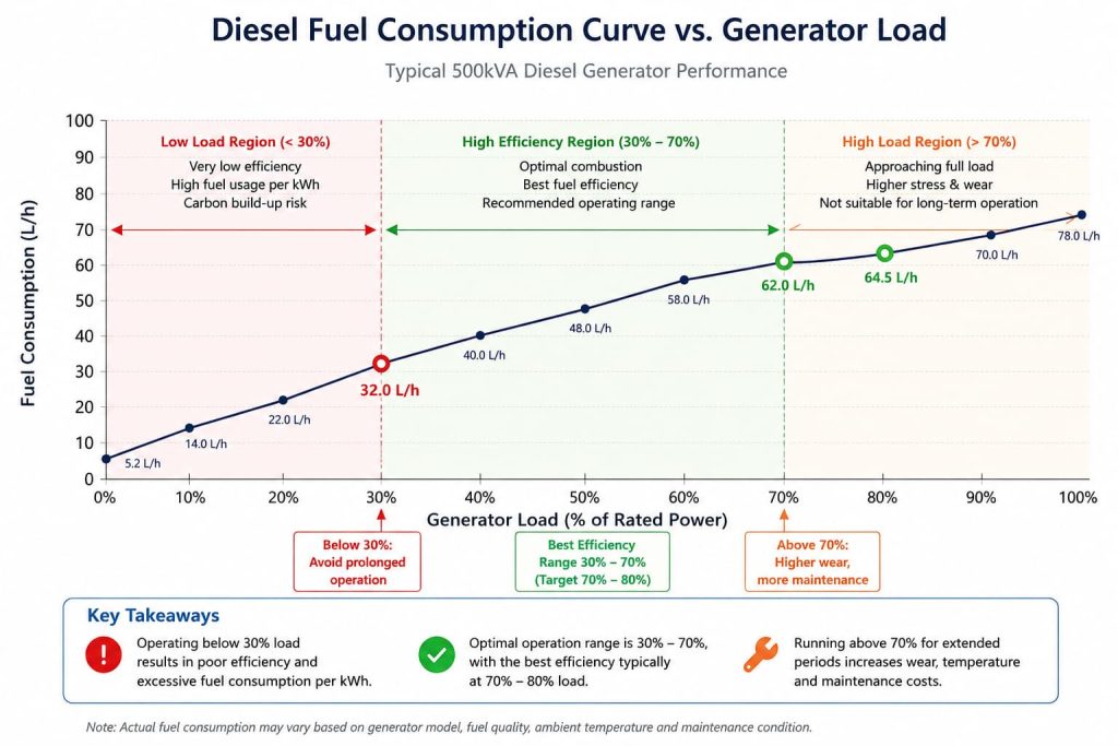 Line graph showing diesel fuel consumption versus generator load for a typical 500kVA genset. It divides operation into three zones: inefficient Low Load (70%, increasing stress and wear).
