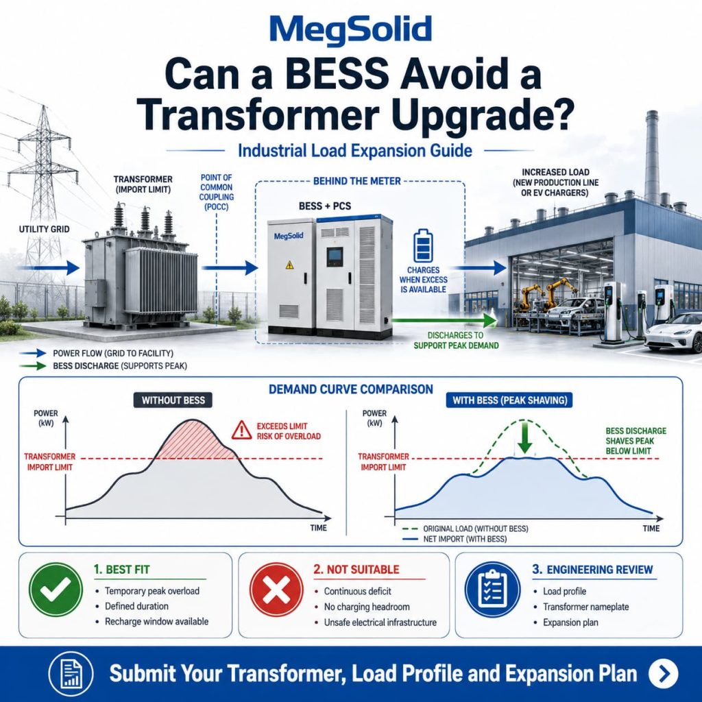 MegSolid industrial load expansion guide illustrating how a behind-the-meter BESS avoids transformer upgrades by peak shaving facility demand below utility import limits.