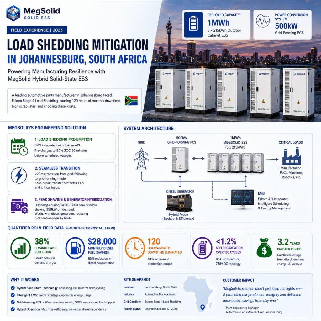 Field data infographic showing a 1MWh MegSolid ESS deployment in Johannesburg. It details the system architecture with a 500kW PCS and EMS, reporting a 38% demand charge reduction and the elimination of 120 hours of monthly downtime.