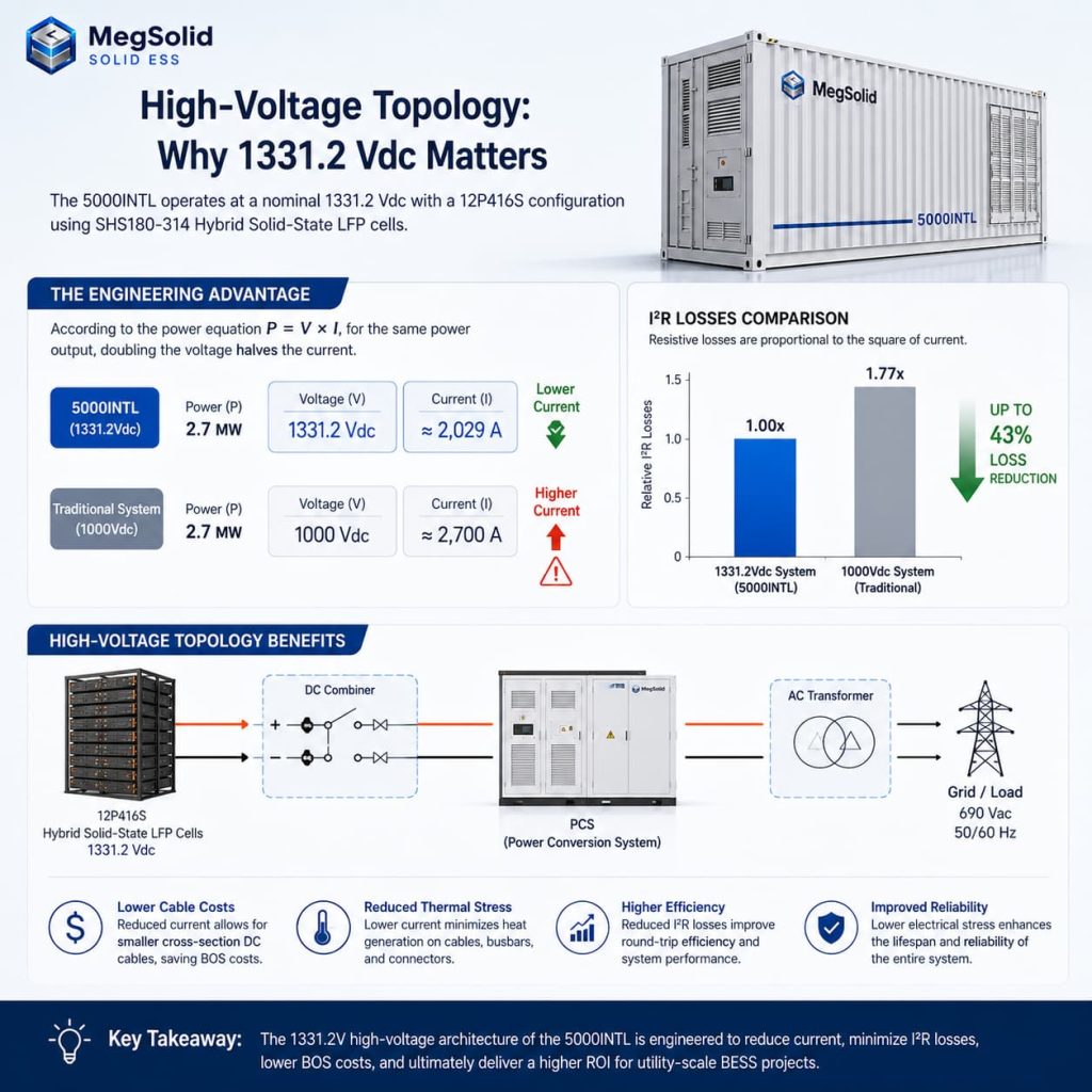 Infographic detailing the high-voltage topology of the MegSolid 5000INTL. It compares a 1331.2V system at 2029A versus a 1000V system at 2700A, demonstrating how doubling voltage halves current, resulting in a 43% reduction in I²R losses, lower cable costs, and reduced thermal stress.