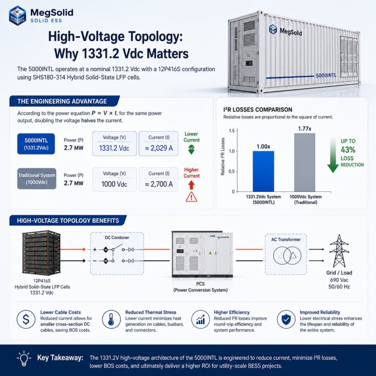 Infographic detailing the high-voltage topology of the MegSolid 5000INTL. It compares a 1331.2V system at 2029A versus a 1000V system at 2700A, demonstrating how doubling voltage halves current, resulting in a 43% reduction in I²R losses, lower cable costs, and reduced thermal stress.