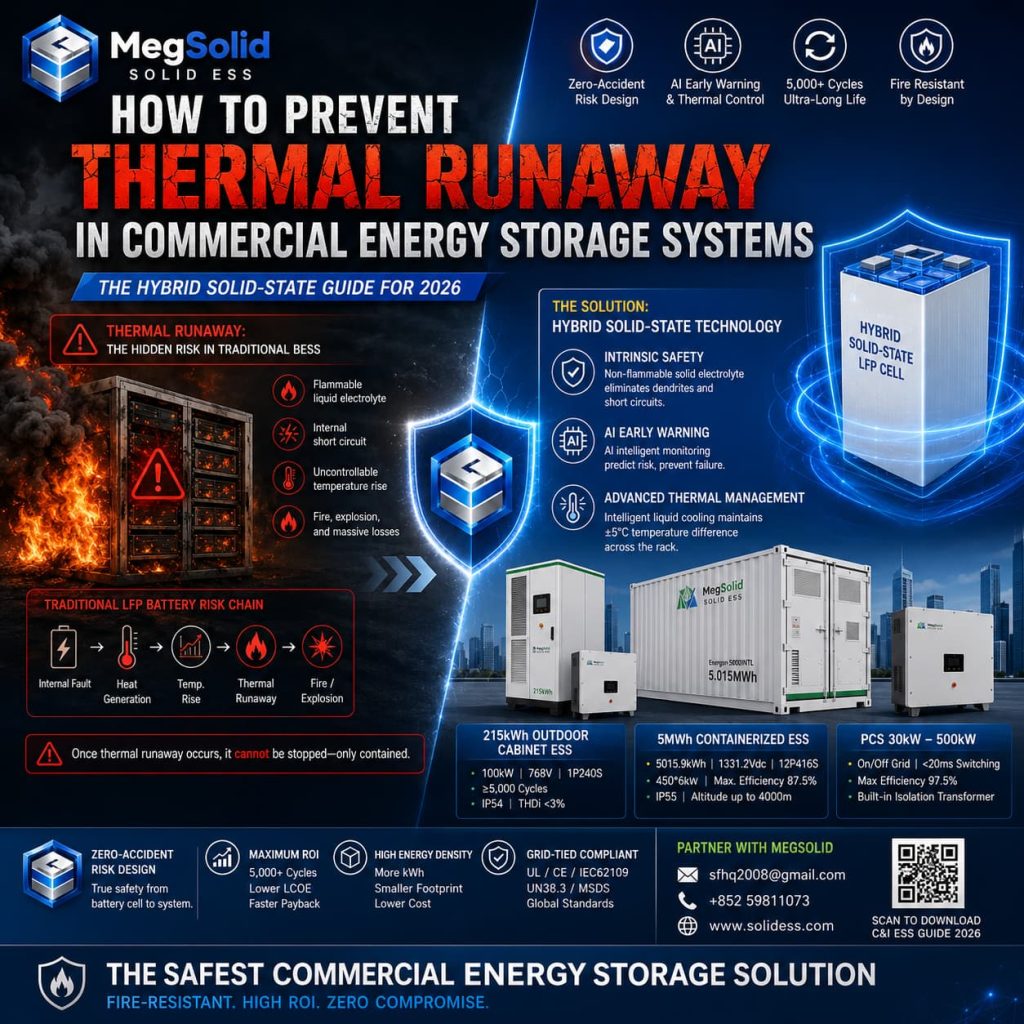 Infographic contrasting traditional LFP battery risks with MegSolid hybrid solid-state solutions, detailing intrinsic safety, AI early warning, and specifications for 215kWh and 5MWh commercial ESS