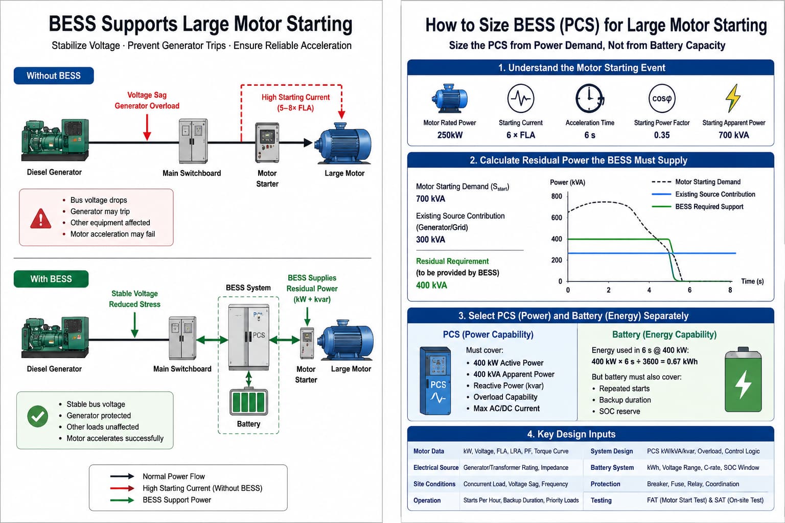 Industrial motor starting BESS sizing methodology and electrical topology infographic, detailing residual kVA calculations, active and reactive power separation, and 400 kVA PCS selection.