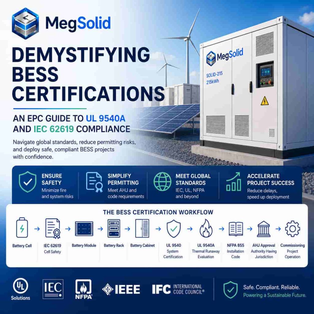 Infographic guide on BESS certifications featuring a MegSolid SOLID-215 cabinet. It maps out the 10-step compliance workflow from battery cell IEC 62619 safety to system UL 9540A evaluation, NFPA 855 codes, and final AHJ commissioning.