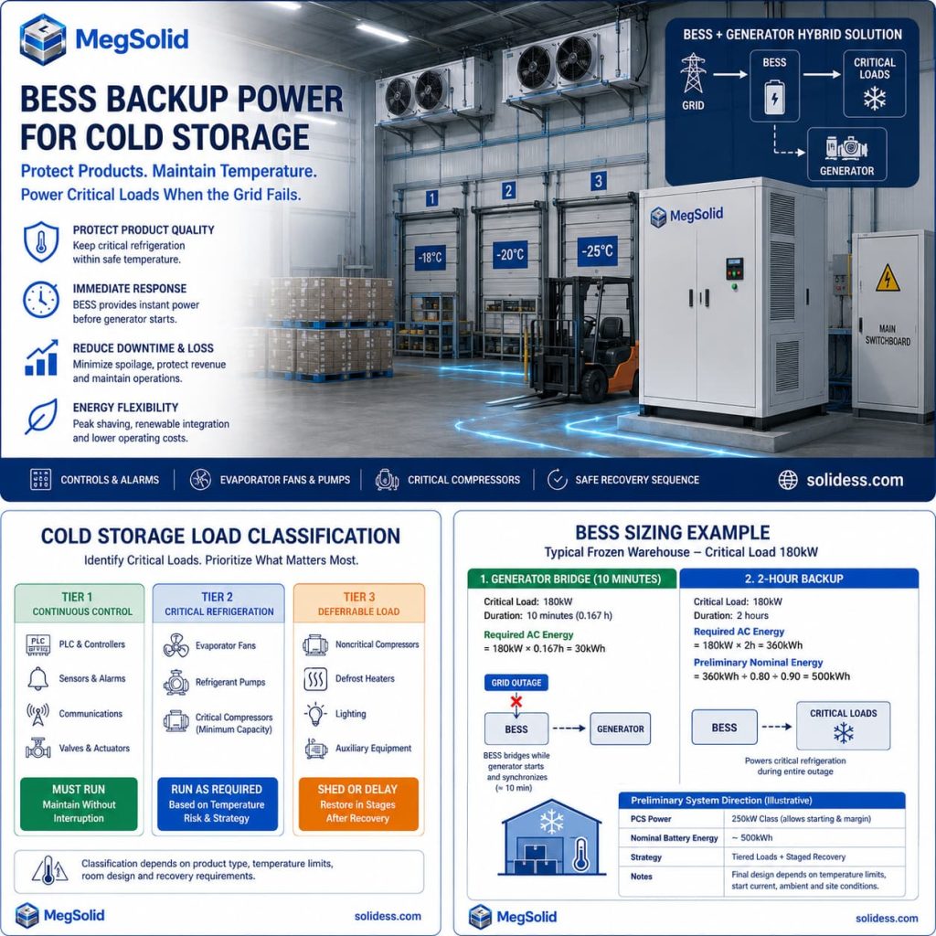 MegSolid commercial BESS backup power for cold storage hero banner, illustrating refrigerated warehouse temperature protection, hybrid generator bridging, and critical load sizing.