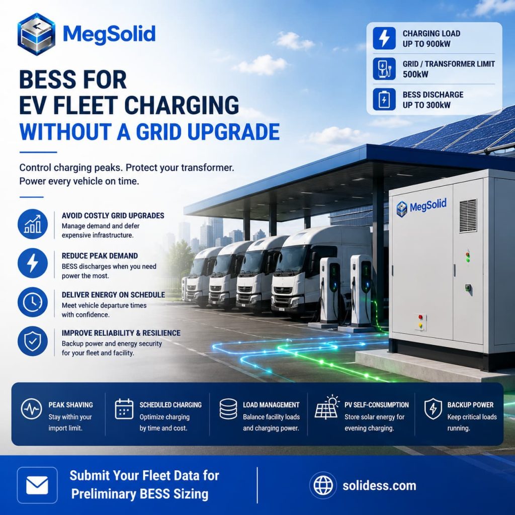 MegSolid BESS for EV fleet charging hero banner, illustrating how battery storage shaves a 900kW charging load on a 500kW grid limit without utility transformer upgrades.