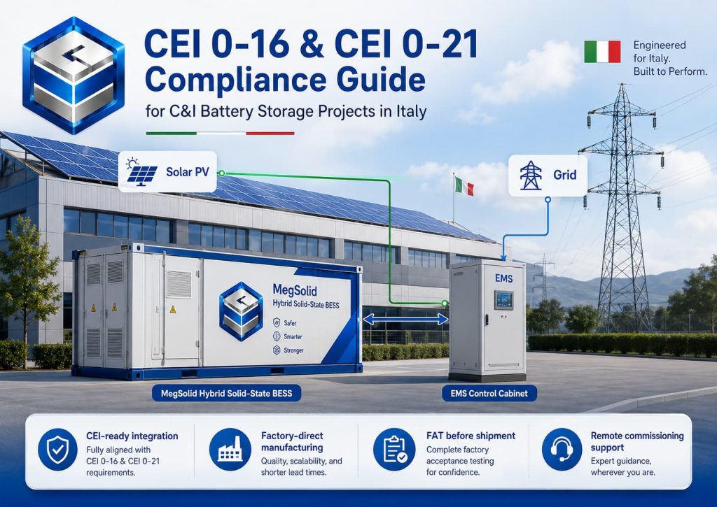 MegSolid CEI 0-16 and CEI 0-21 compliance guide for C&I battery storage projects in Italy, featuring a hybrid solid-state BESS container and independent EMS control cabinet deployed at an industrial plant.
