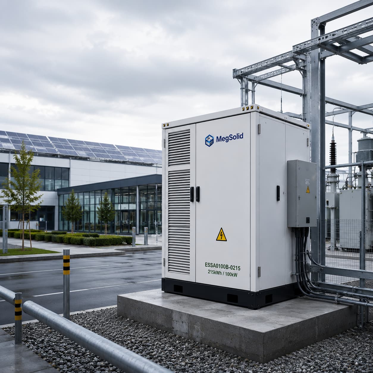 A white MegSolid ESSA0100B-0215 commercial energy storage cabinet mounted on a concrete pad outside a factory, featuring side cooling louvers, safety hazard labels, and external electrical conduit routing.