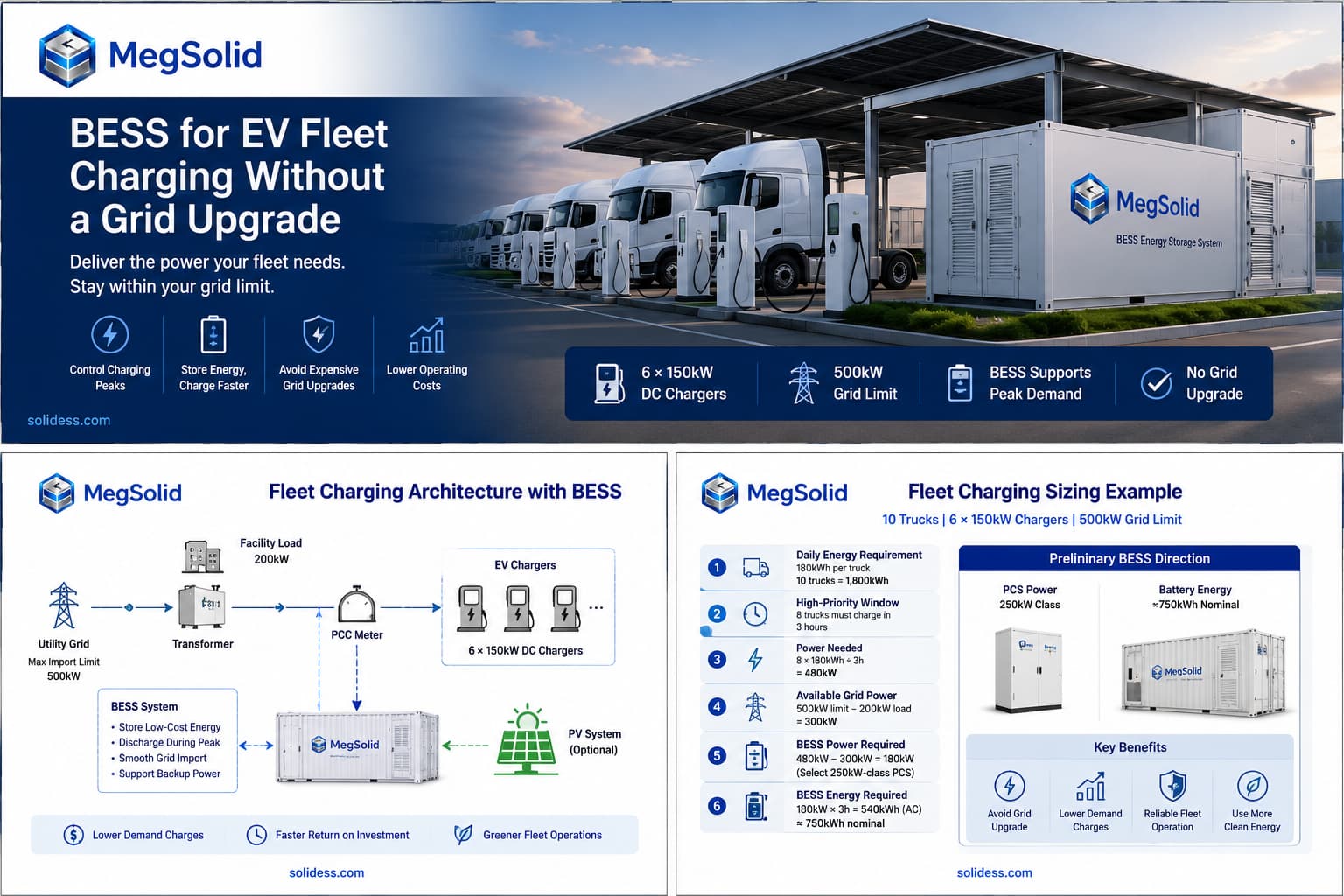 Technical overview of BESS for EV fleet charging, illustrating behind-the-meter PCC interconnection topology and a 6-step sizing calculation for a 250kW 750kWh containerized system.
