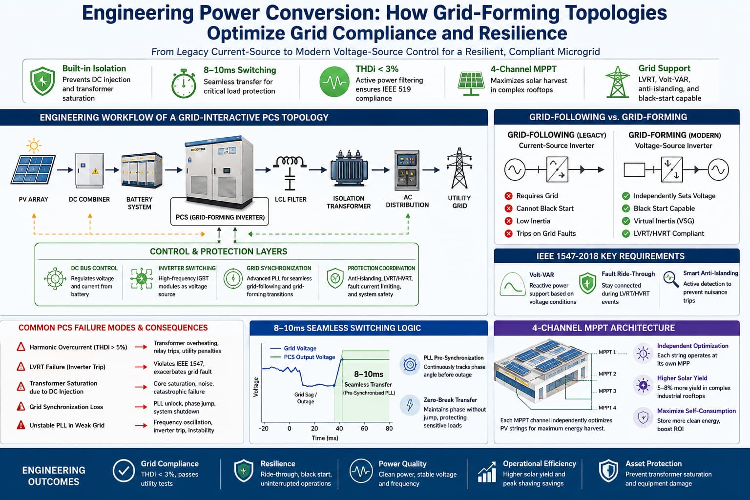 Gedetailleerde tegniese infografiek wat grid-volgende versus MegSolid grid-vormende spanningsbron-PCS-topologieë vergelyk. Dit illustreer die volledige netwerk-interaktiewe elektriese werkvloei, die IEEE 1547-vereistes vir foutdeurloop, en pre-gesinchroniseerde 8–10 ms oordraggolfdiagramme.