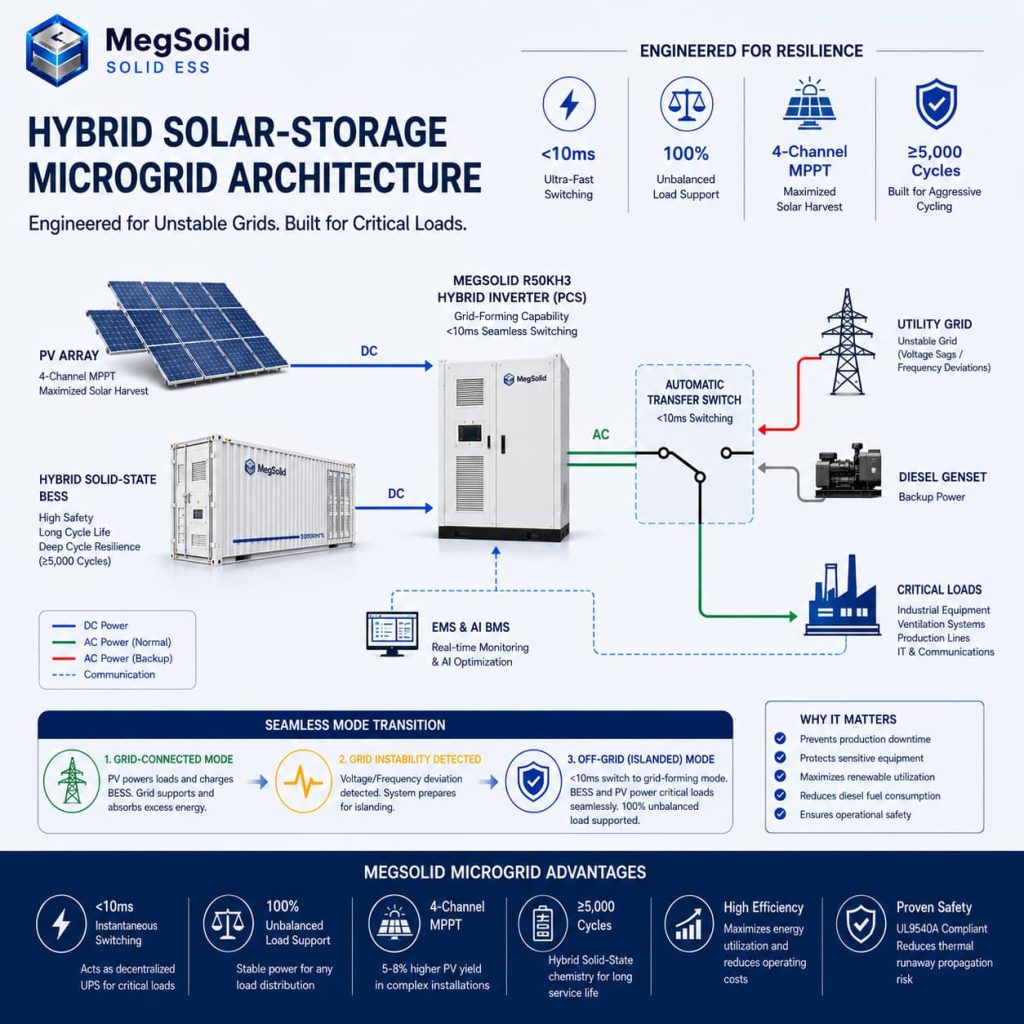 MegSolid hybrid solar-storage microgrid architecture diagram for unstable grids, illustrating DC/AC power flows between PV arrays, BESS, R50KH3 inverter, and ATS for