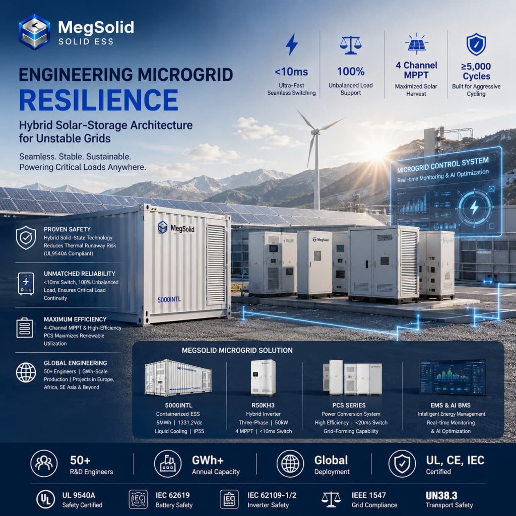 Infographic of the MegSolid microgrid solution for unstable grids, detailing the 5MWh 5000INTL ESS, 50kW R50KH3 inverter,