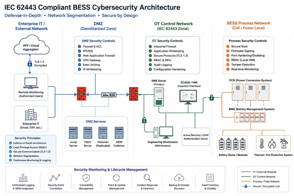 Detailed schematic of the MegSolid BESS cybersecurity architecture, dividing the system into Enterprise IT, DMZ, OT Control, and Process networks, detailing industrial firewall placements, TLS 1.3 encryption, and security monitoring lifecycle management.