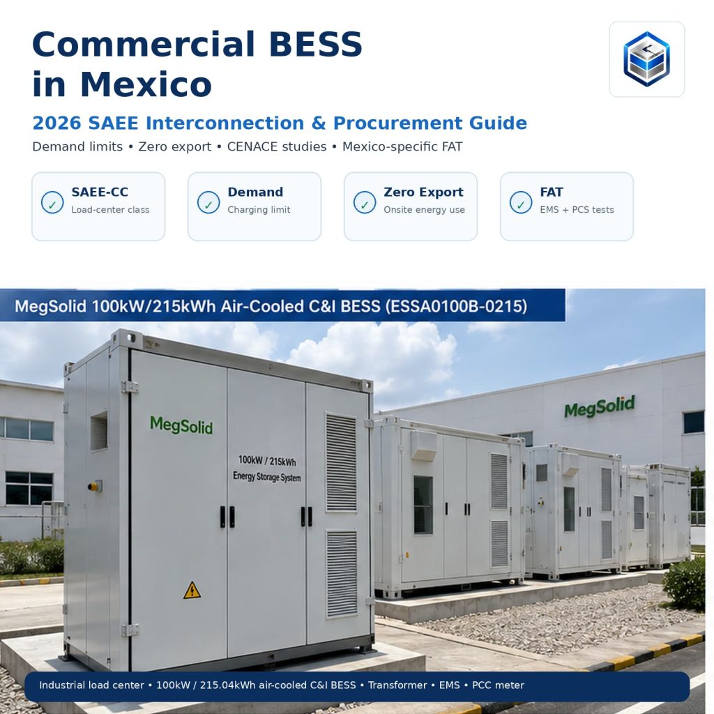 MegSolid commercial BESS in Mexico 2026 SAEE interconnection guide hero banner, featuring modular 100kW 215kWh air-cooled battery storage cabinets deployed at an industrial manufacturing plant.