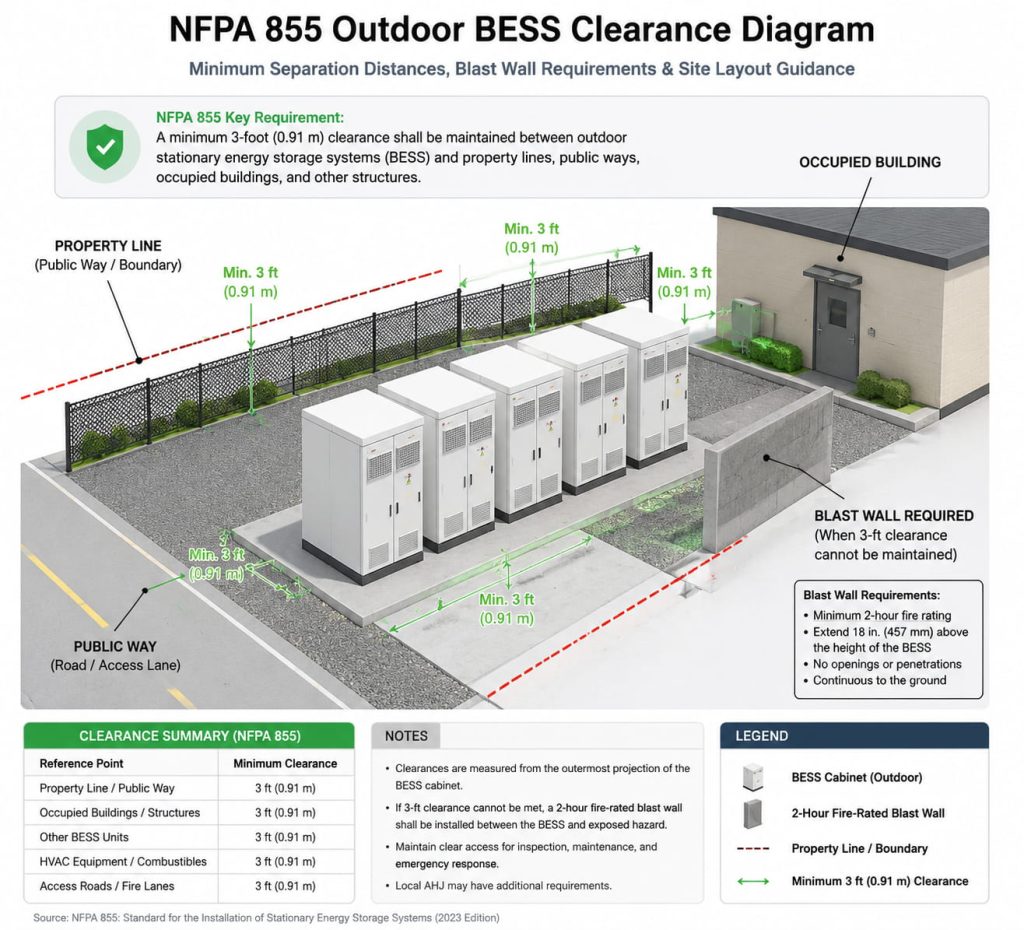 NFPA 855 outdoor BESS clearance requirement showing 3-foot separation and blast wall protection